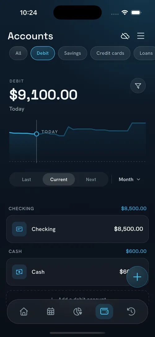 NEKO accounts view with a balance chart projecting forward from today