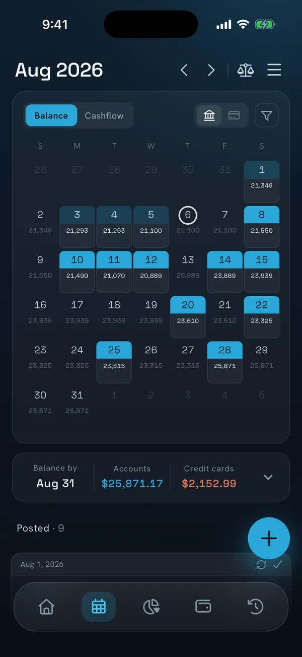 NEKO money calendar showing a projected balance on every future day