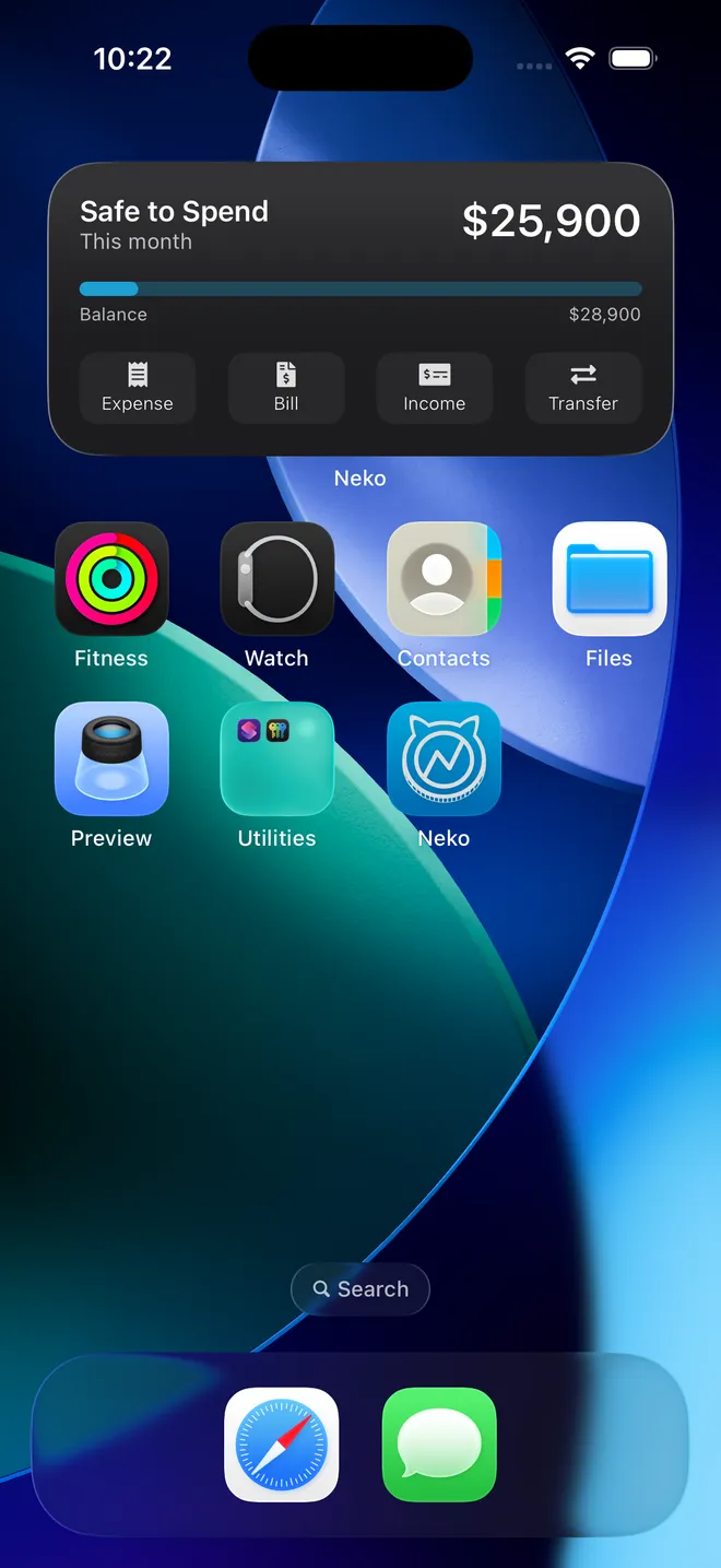 NEKO Safe to Spend widget on an iPhone home screen with quick expense, bill, income and transfer actions